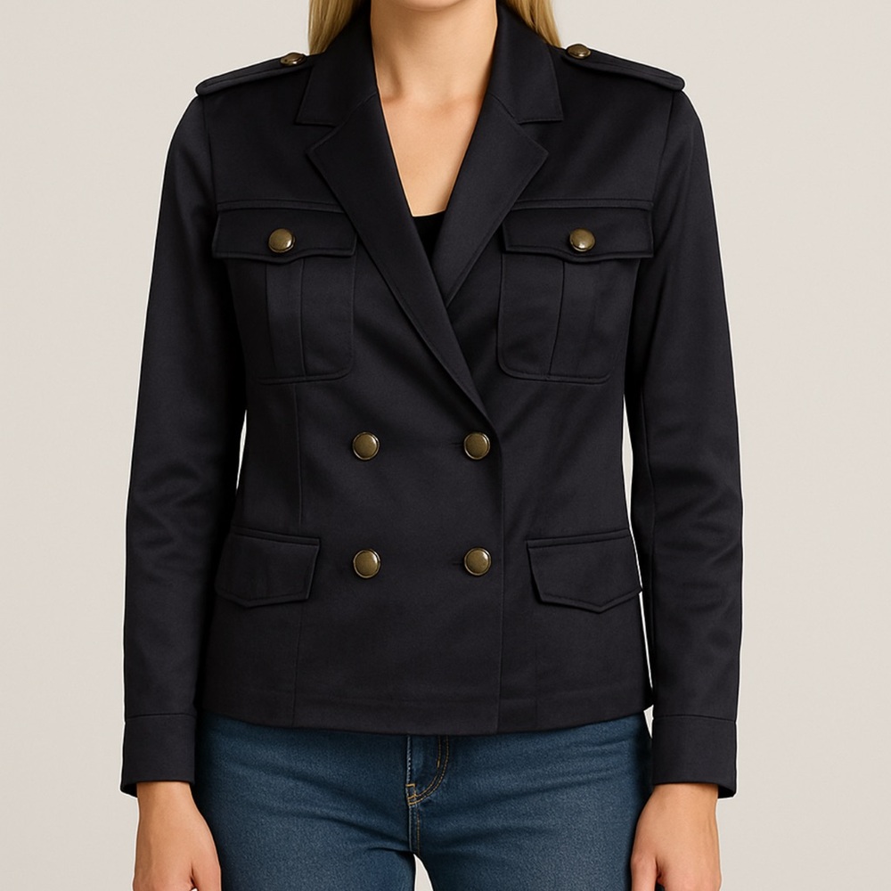 The Kooples‎ Womens Navy Blue Military Satin Double breasted Blazer 2